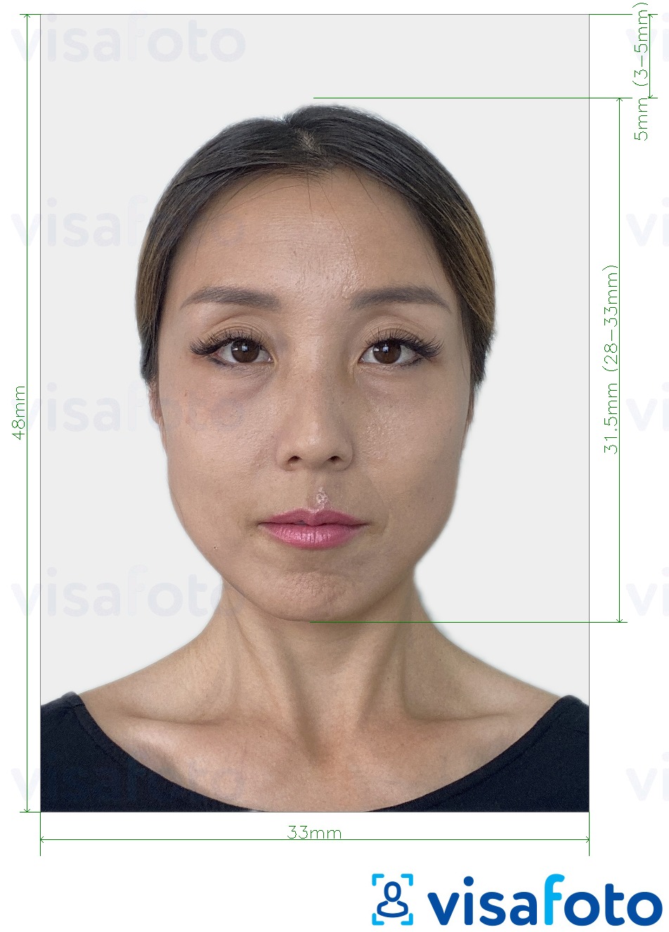 Ejemplo de foto para Pasaporte de China 33x48 mm fondo gris claro con la especificación del tamaño exacto
