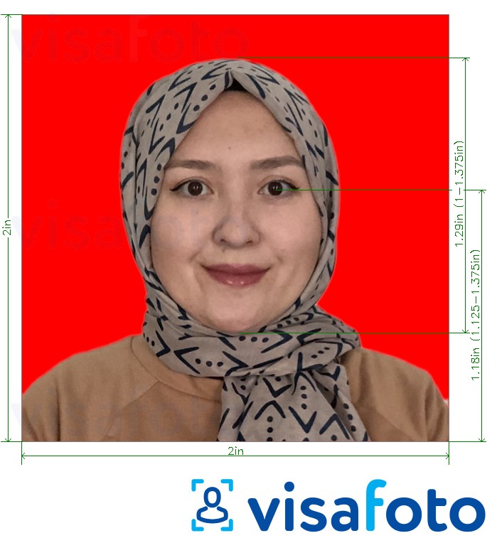 Ejemplo de foto para Pasaporte de Indonesia 51x51 mm (2x2 pulgadas) fondo rojo con la especificación del tamaño exacto