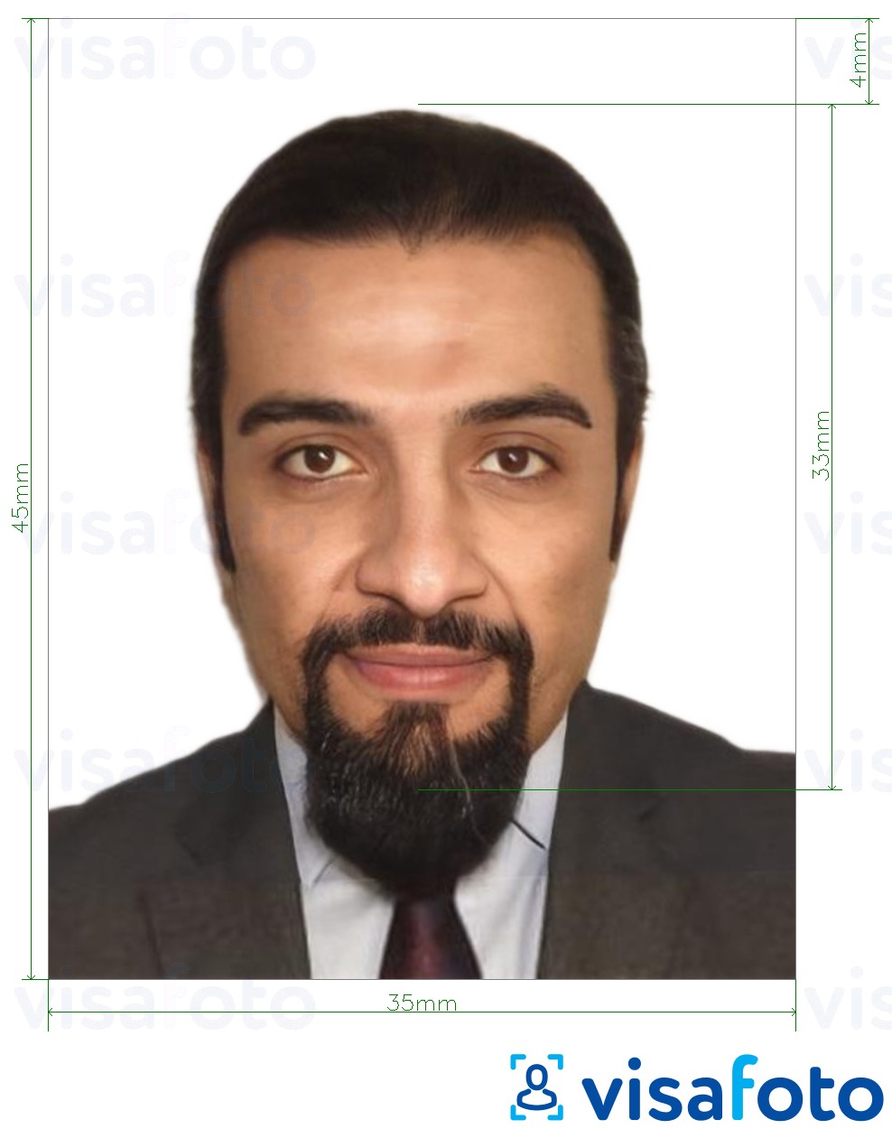 Ejemplo de foto para Pasaporte jordano 3,5x4,5 cm (35x45 mm) con la especificación del tamaño exacto