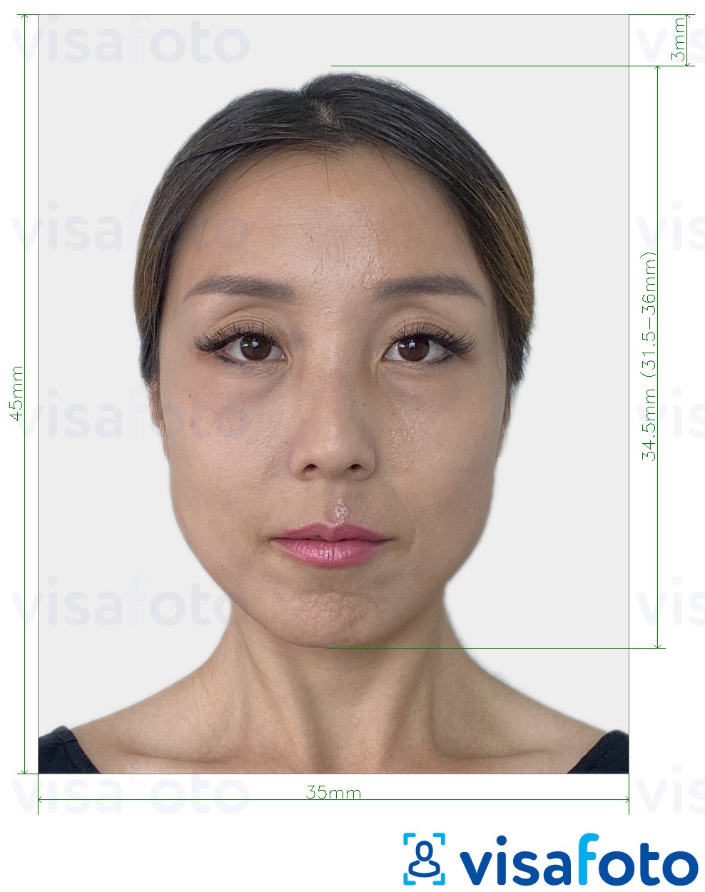 Ejemplo de foto para Visa de Japón 35x45 mm con la especificación del tamaño exacto