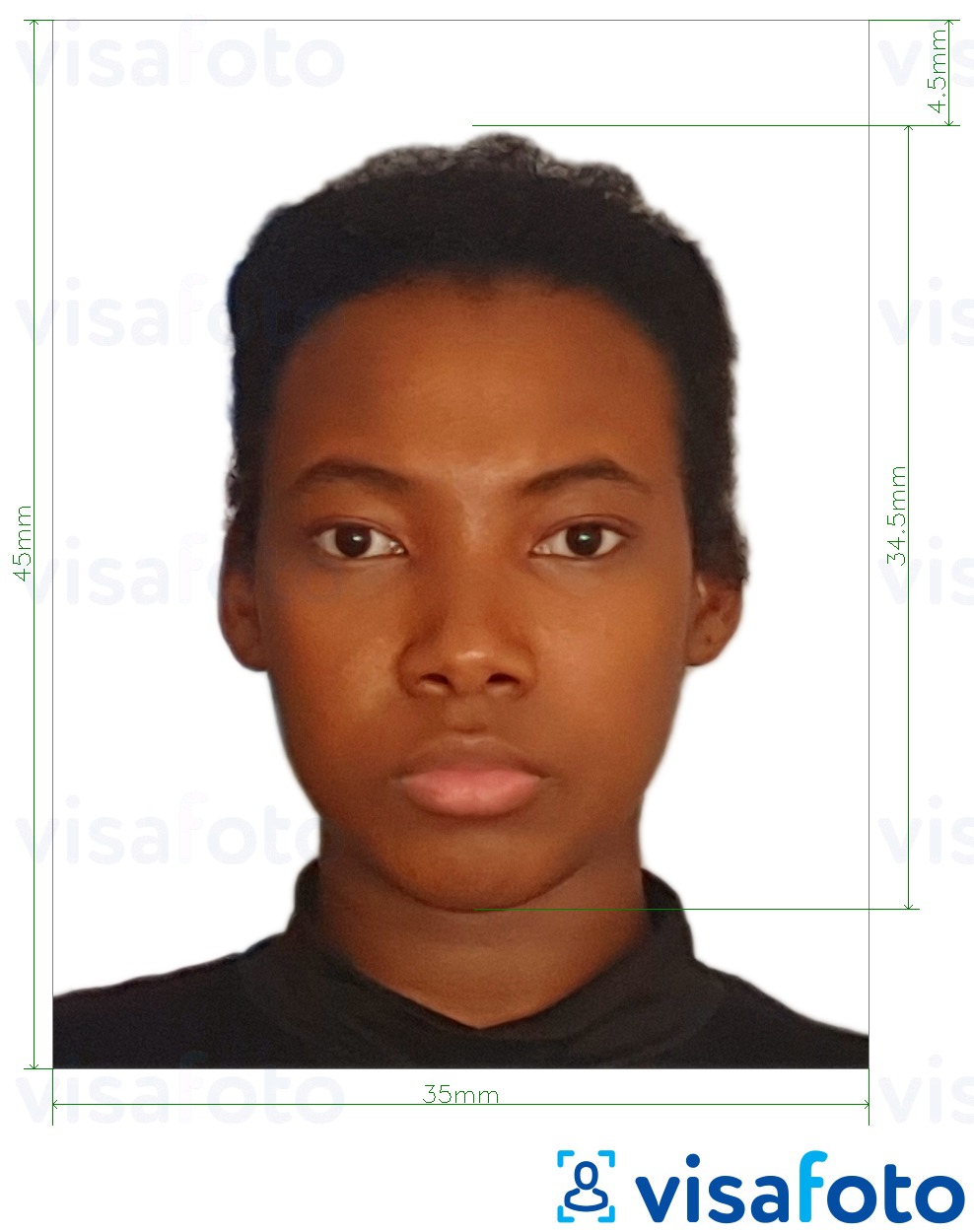 Ejemplo de foto para Pasaporte de Kenia 35x45 mm con la especificación del tamaño exacto