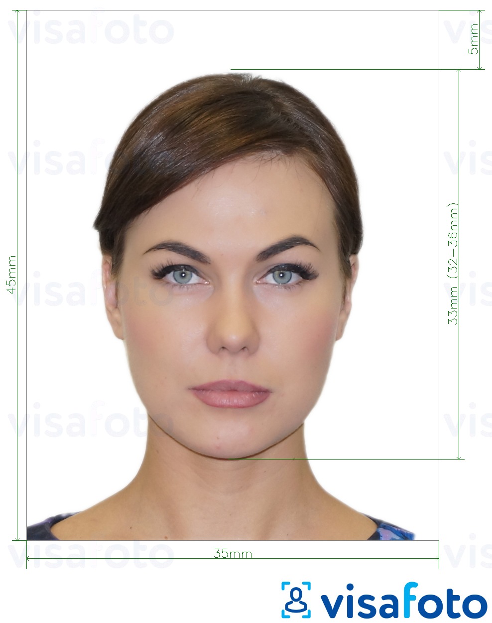 Ejemplo de foto para Visa Rusia 35x45 mm (3.5x4.5 cm) con la especificación del tamaño exacto