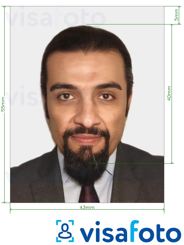 Ejemplo de foto para Visa UAE fuera de línea 43x55 mm con la especificación del tamaño exacto