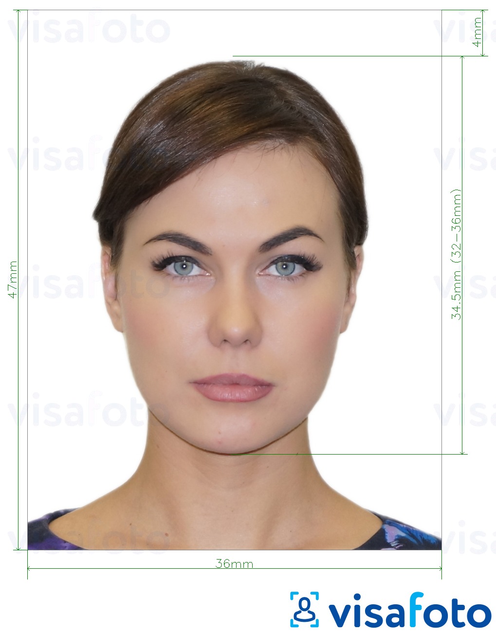 Ejemplo de foto para visa albanesa 47x36mm con la especificación del tamaño exacto