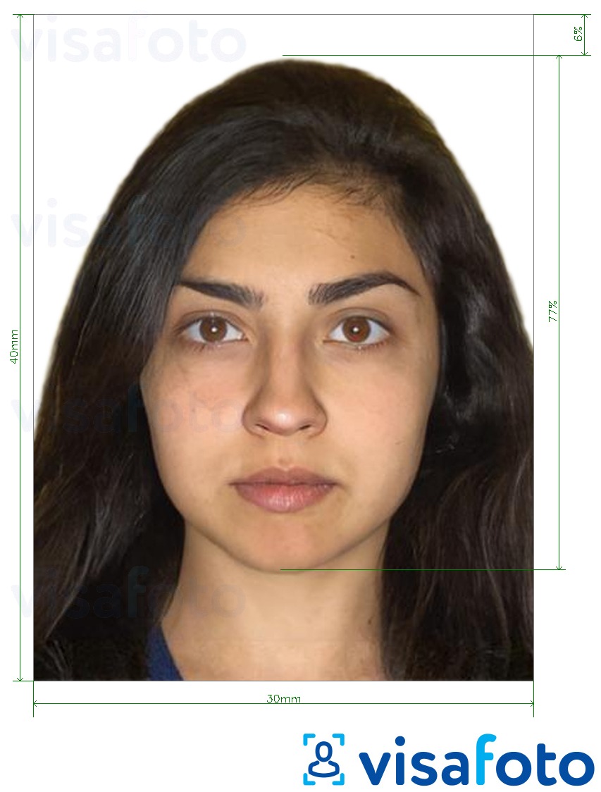 Ejemplo de foto para Visa de Azerbaiyán 30x40mm (3x4 cm) con la especificación del tamaño exacto