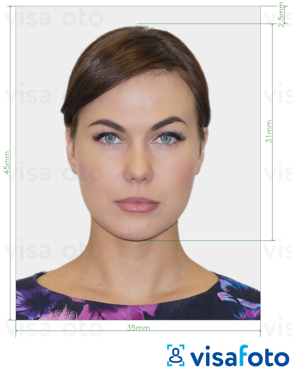 Ejemplo de foto para Bélgica Visa 35x45 mm (3,5x4,5 cm) con la especificación del tamaño exacto