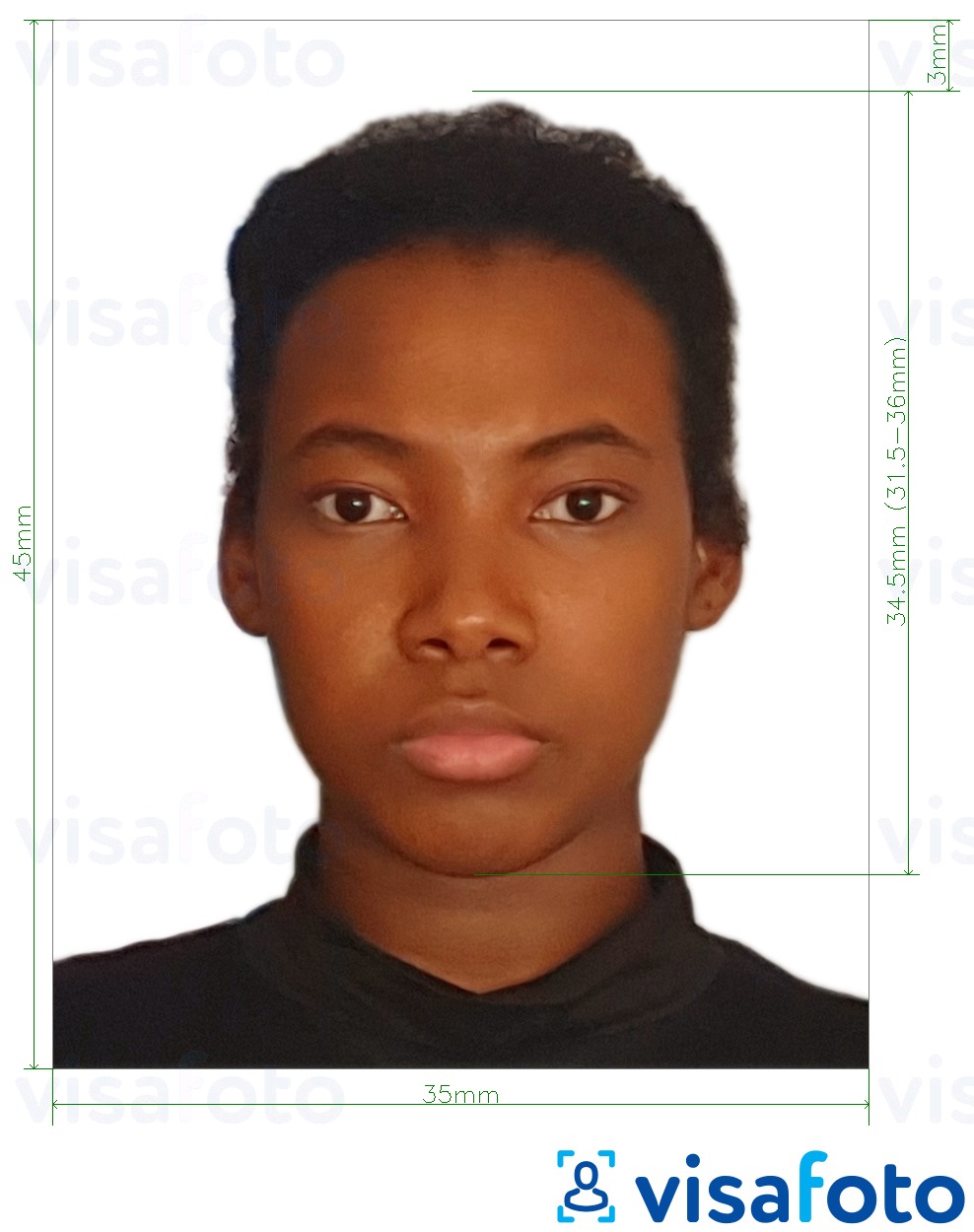 Ejemplo de foto para Visa de Burkina Faso 4.5x3.5 cm (45x35 mm) con la especificación del tamaño exacto