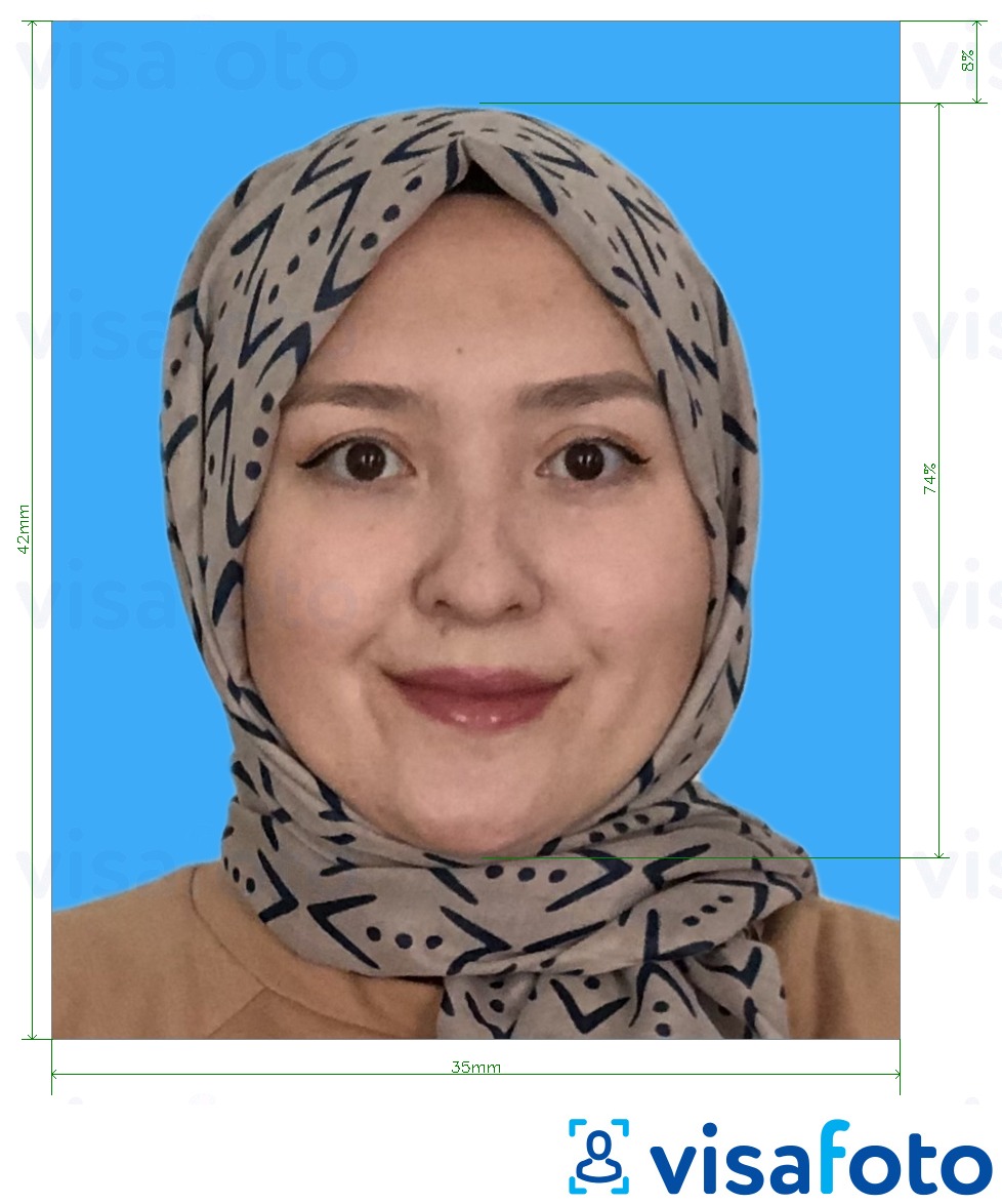 Ejemplo de foto para Certificado de emergencia de Brunei (Sijil Darurat) 3.5x4.2 cm (35x42 mm) con la especificación del tamaño exacto