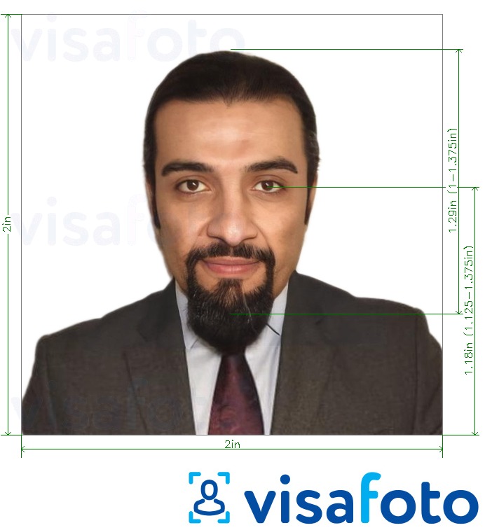 Ejemplo de foto para Pasaporte egipcio (de EE. UU. solamente) 2x2 pulgadas, 51x51 mm con la especificación del tamaño exacto