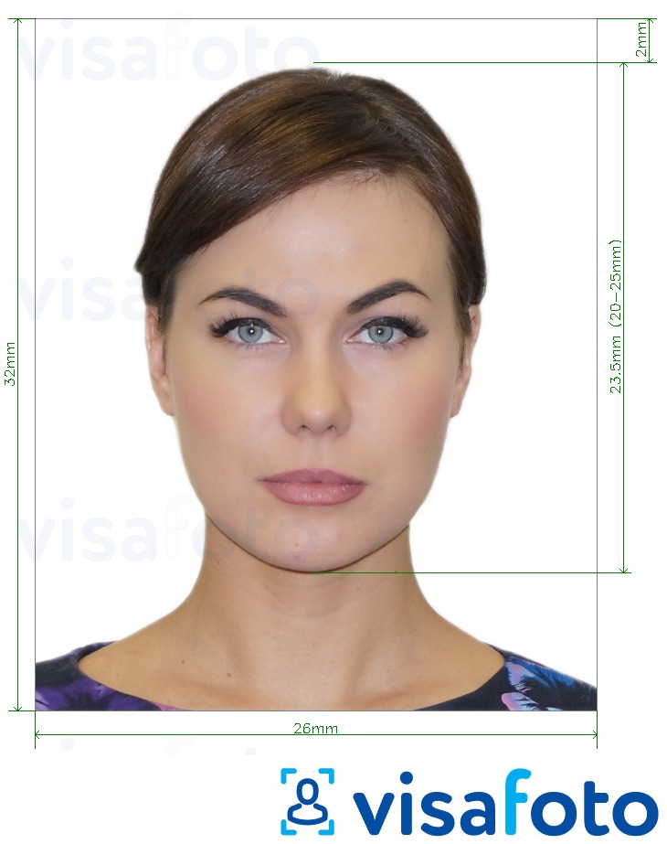 Ejemplo de foto para Tarjeta de identidad de extranjero (TIE) España 32x26 mm con la especificación del tamaño exacto
