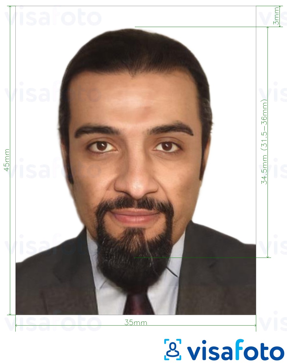 Ejemplo de foto para Etiopía e-visa online 35x45 mm (3.5x4.5 cm) con la especificación del tamaño exacto