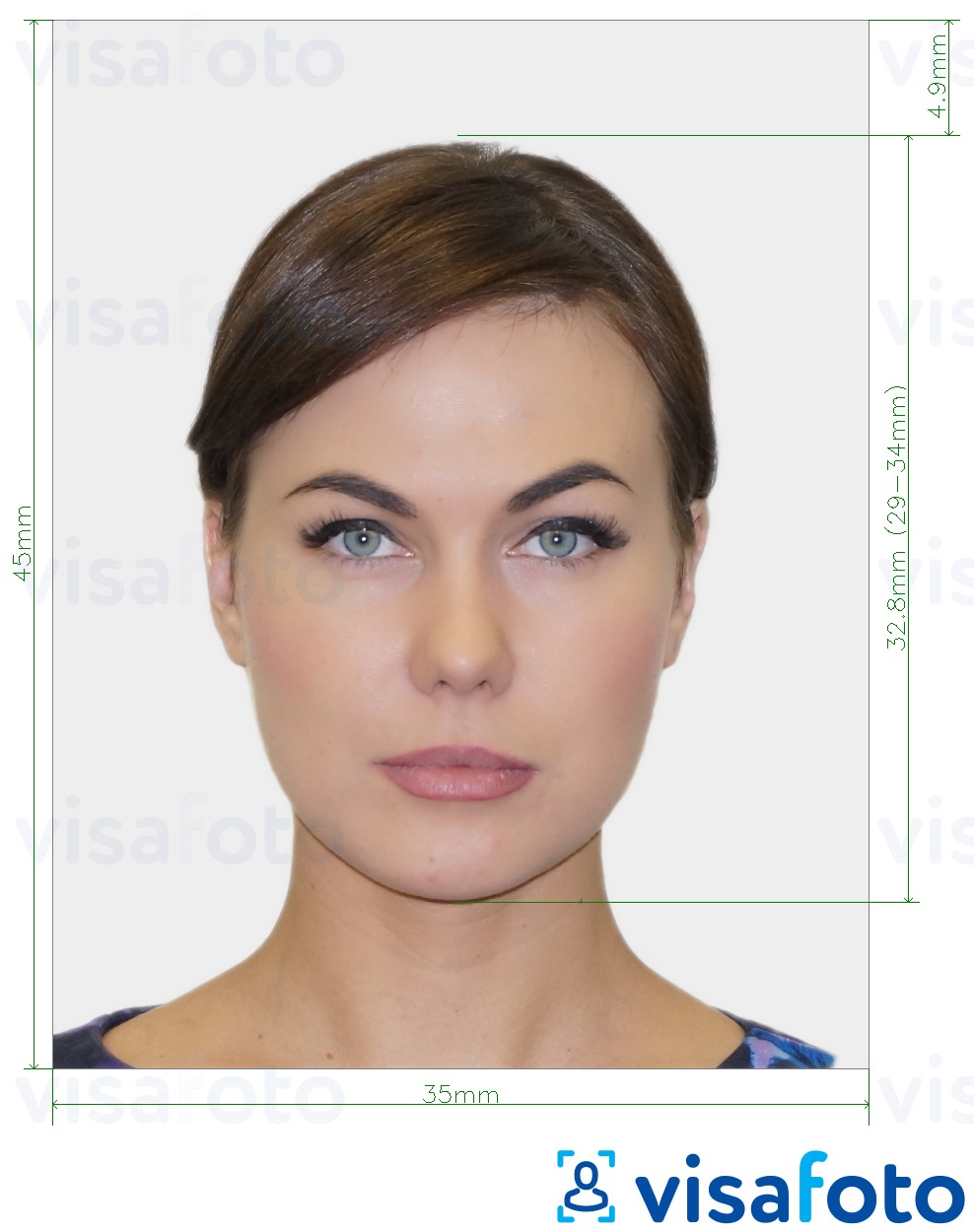 Ejemplo de foto para Visa UK 35x45 mm (3.5x4.5 cm) con la especificación del tamaño exacto