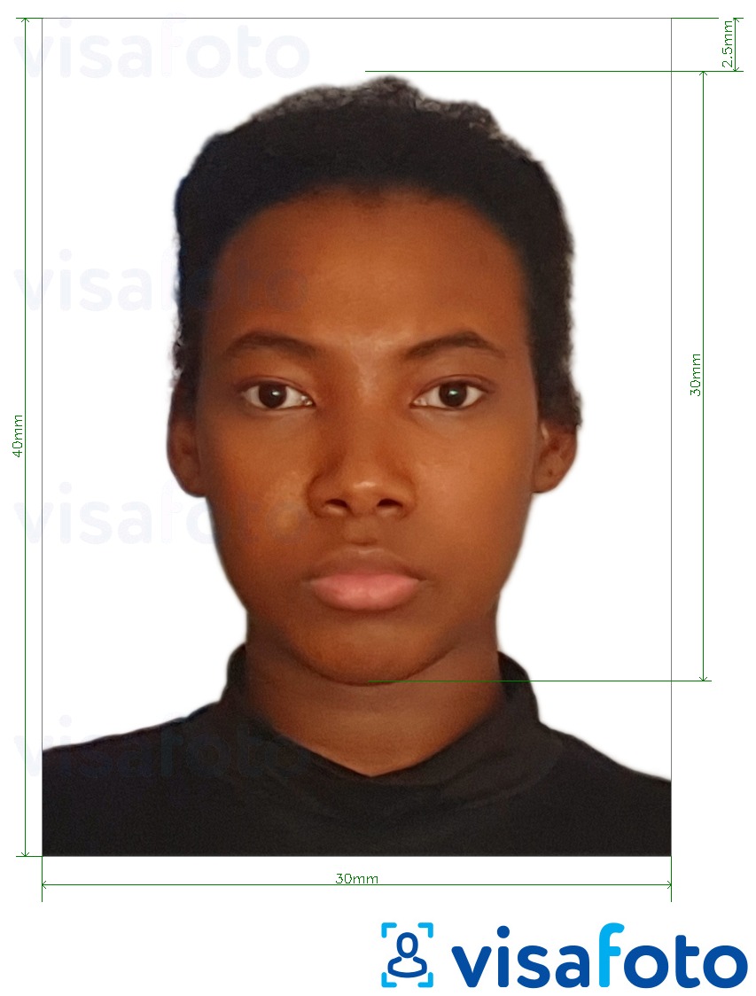 Ejemplo de foto para Guinea-Bissau visa 3x4 cm (30x40 mm) con la especificación del tamaño exacto