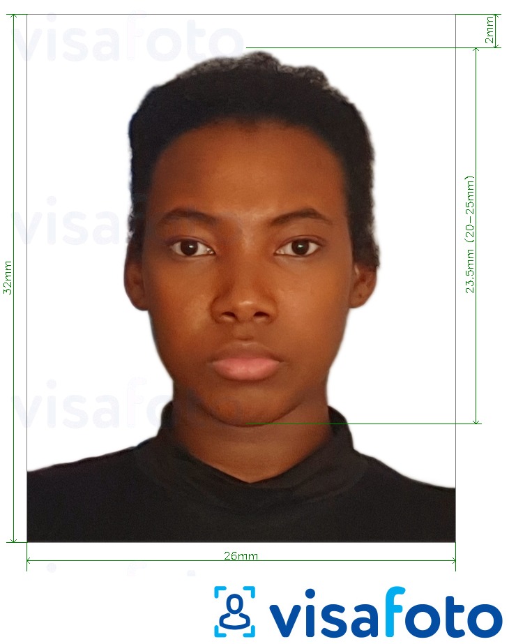 Ejemplo de foto para Pasaporte Guyana 32x26 mm (1,26x1,02 pulgadas) con la especificación del tamaño exacto