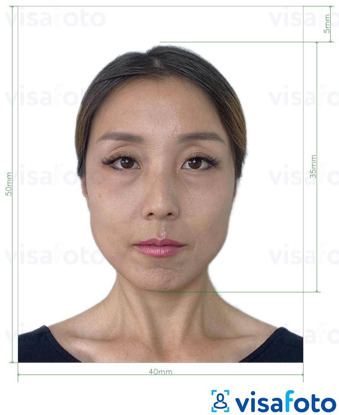Ejemplo de foto para Pasaporte de Hong Kong 40x50 mm (4x5 cm) con la especificación del tamaño exacto