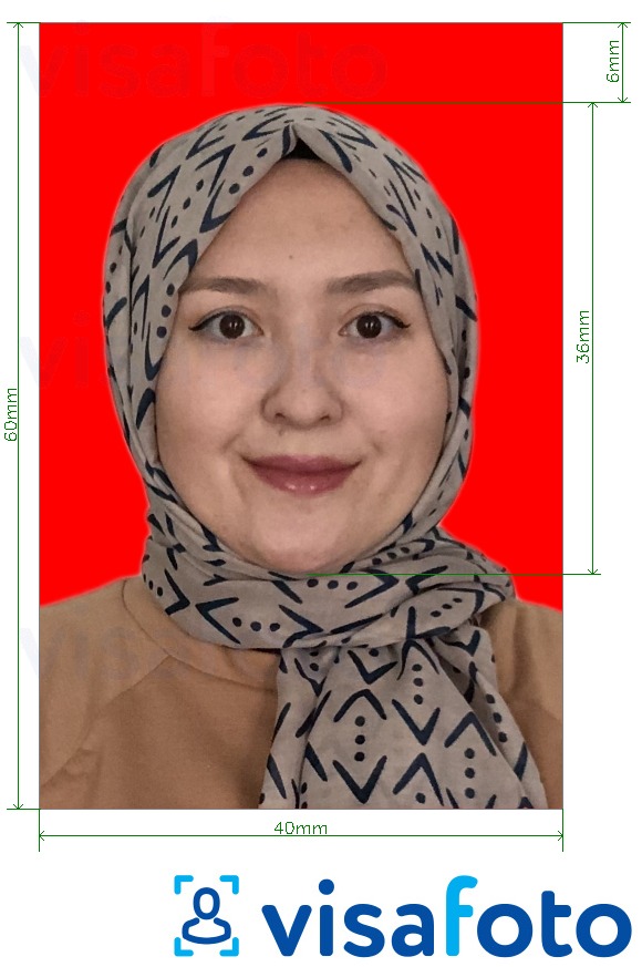 Ejemplo de foto para Visa Indonesia 4x6 cm fondo rojo con la especificación del tamaño exacto