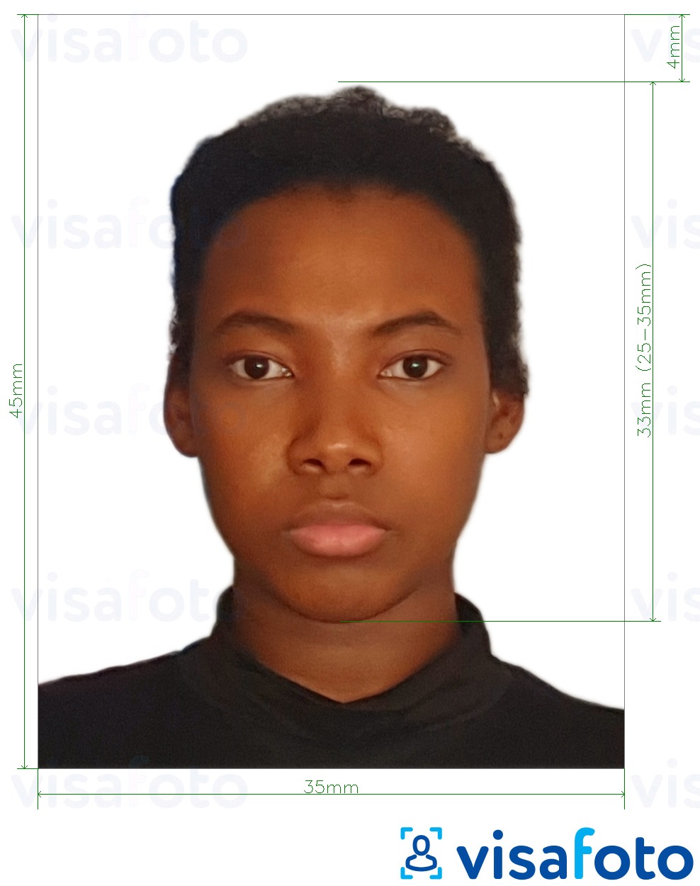 Ejemplo de foto para Pasaporte de Jamaica 35x45 mm (3.5x4.5 cm) con la especificación del tamaño exacto