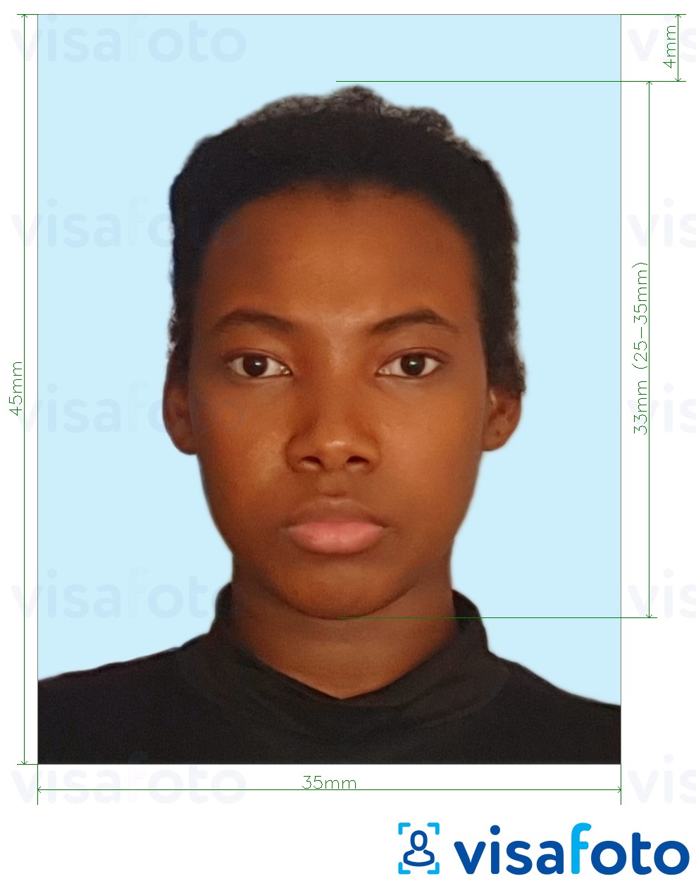 Ejemplo de foto para Pasaporte de Jamaica 35x45 mm fondo azul pálido con la especificación del tamaño exacto