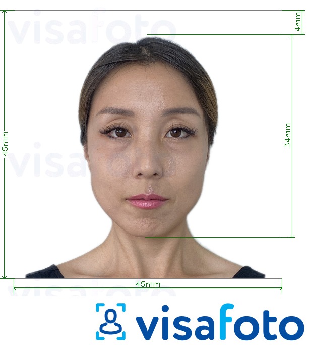 Ejemplo de foto para Visa Japón 45x45mm, cabeza 34 mm con la especificación del tamaño exacto