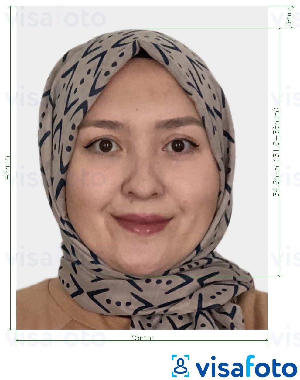 Ejemplo de foto para Visa de Kirguistán 35x45 mm (3.5x4.5 cm) con la especificación del tamaño exacto