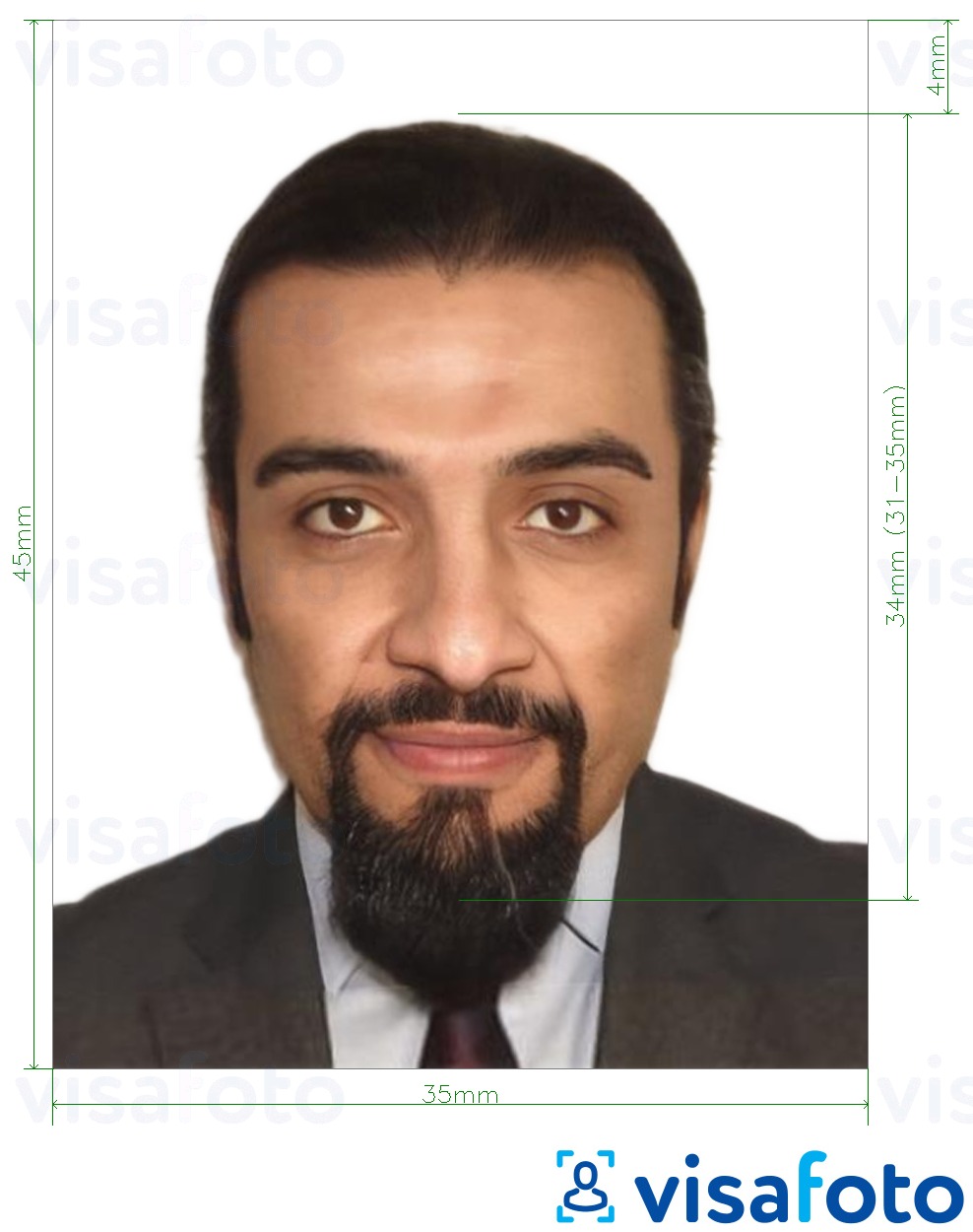 Ejemplo de foto para Visa de Kuwait 35x45 mm con la especificación del tamaño exacto