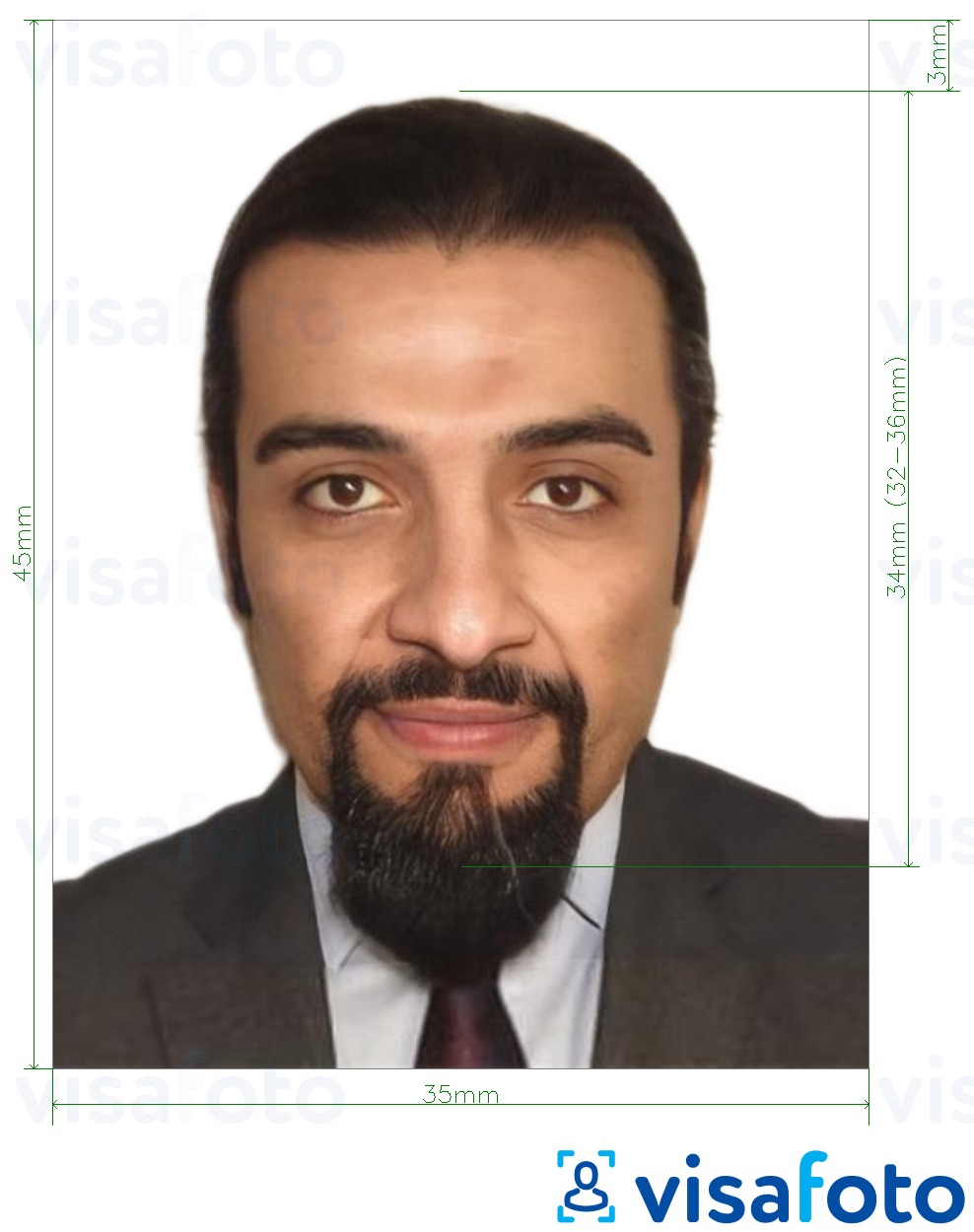 Ejemplo de foto para Pasaporte libanés 3,5x4,5 cm (35x45 mm) con la especificación del tamaño exacto