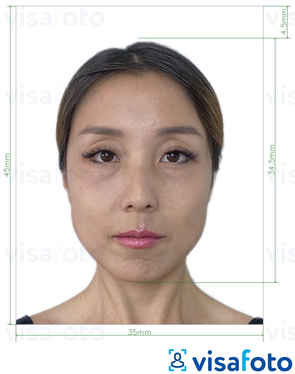 Ejemplo de foto para Pasaporte de Myanmar 35x45 mm con la especificación del tamaño exacto
