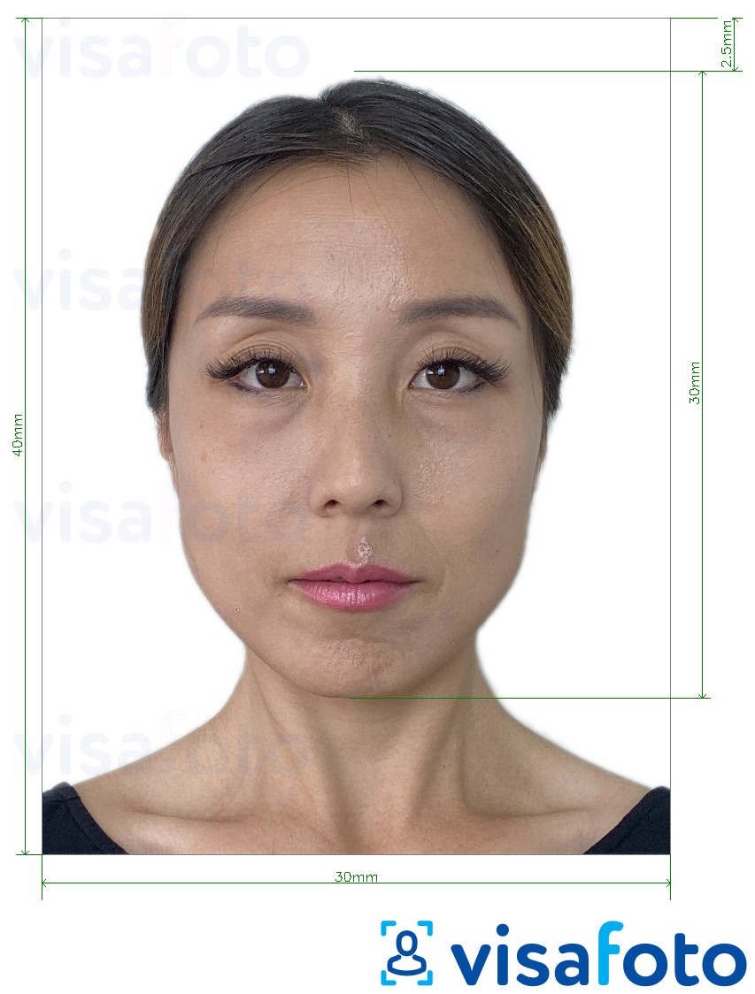 Ejemplo de foto para Mongolia visa 3x4 cm (30x40 mm) con la especificación del tamaño exacto