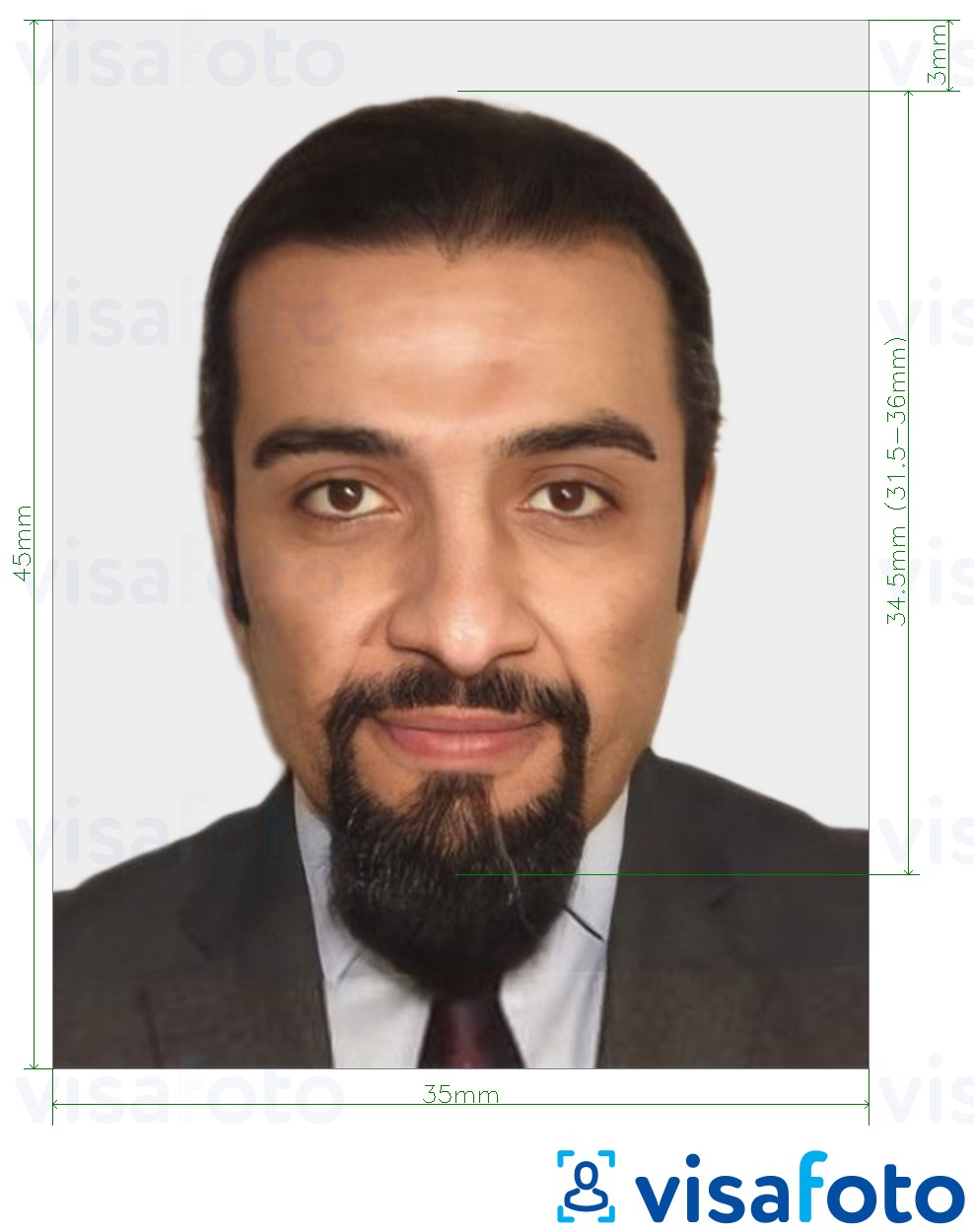 Ejemplo de foto para Visa Mauritania 35x45 mm (3,5x4,5 cm) con la especificación del tamaño exacto