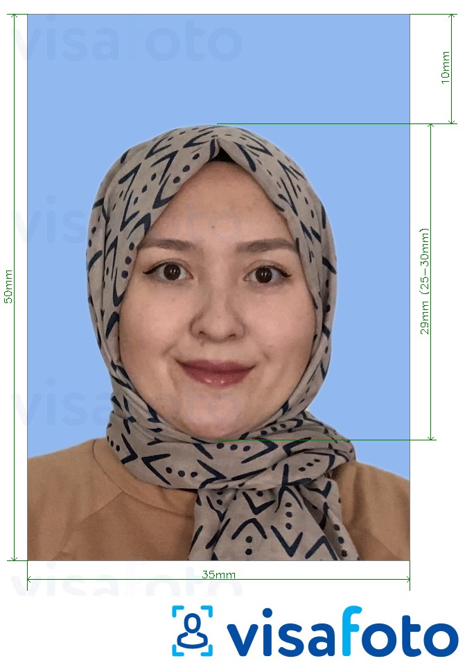 Ejemplo de foto para Malasia permiso de trabajo 35x50 mm con la especificación del tamaño exacto