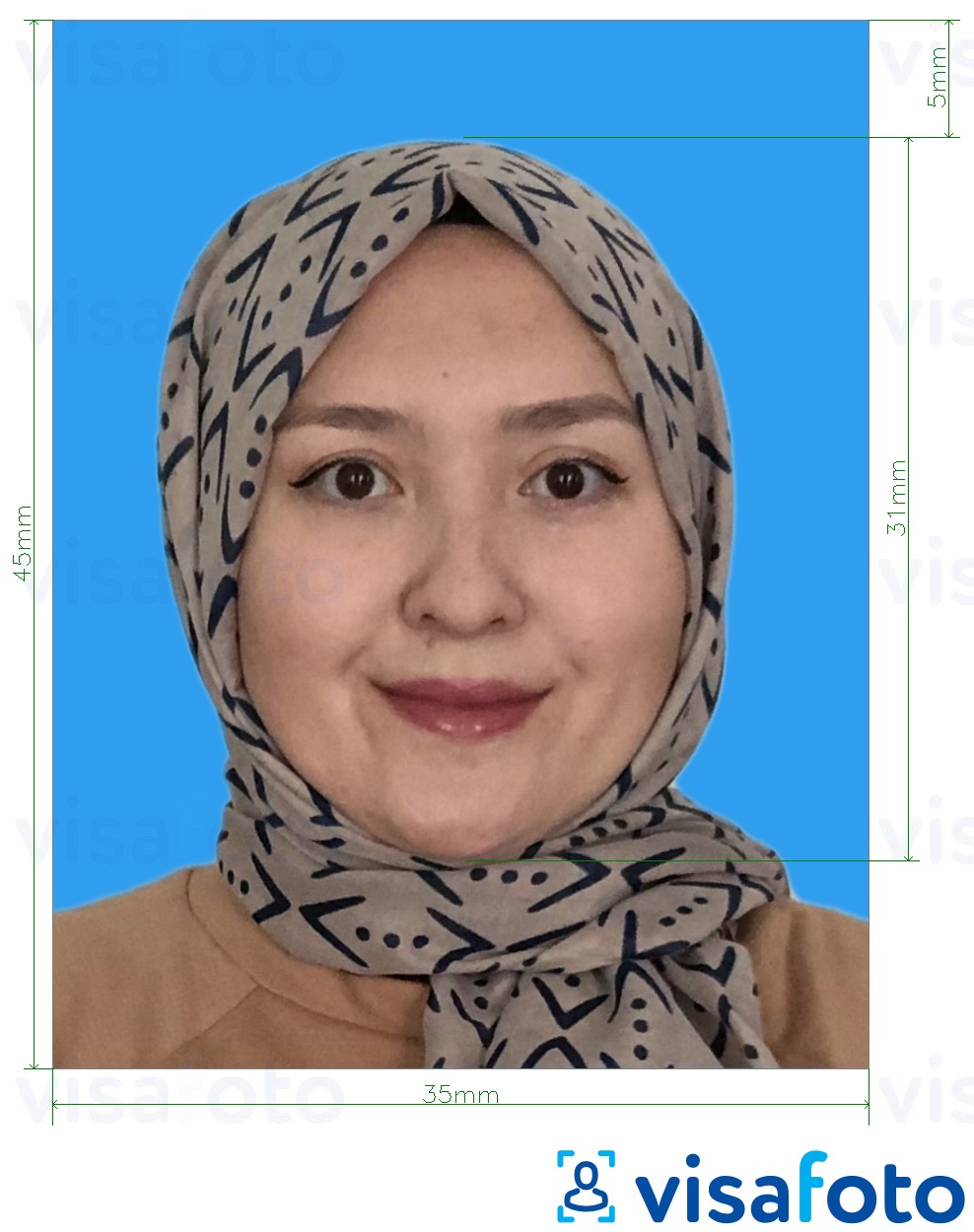 Ejemplo de foto para Visa de Malasia 35x45 mm fondo azul con la especificación del tamaño exacto