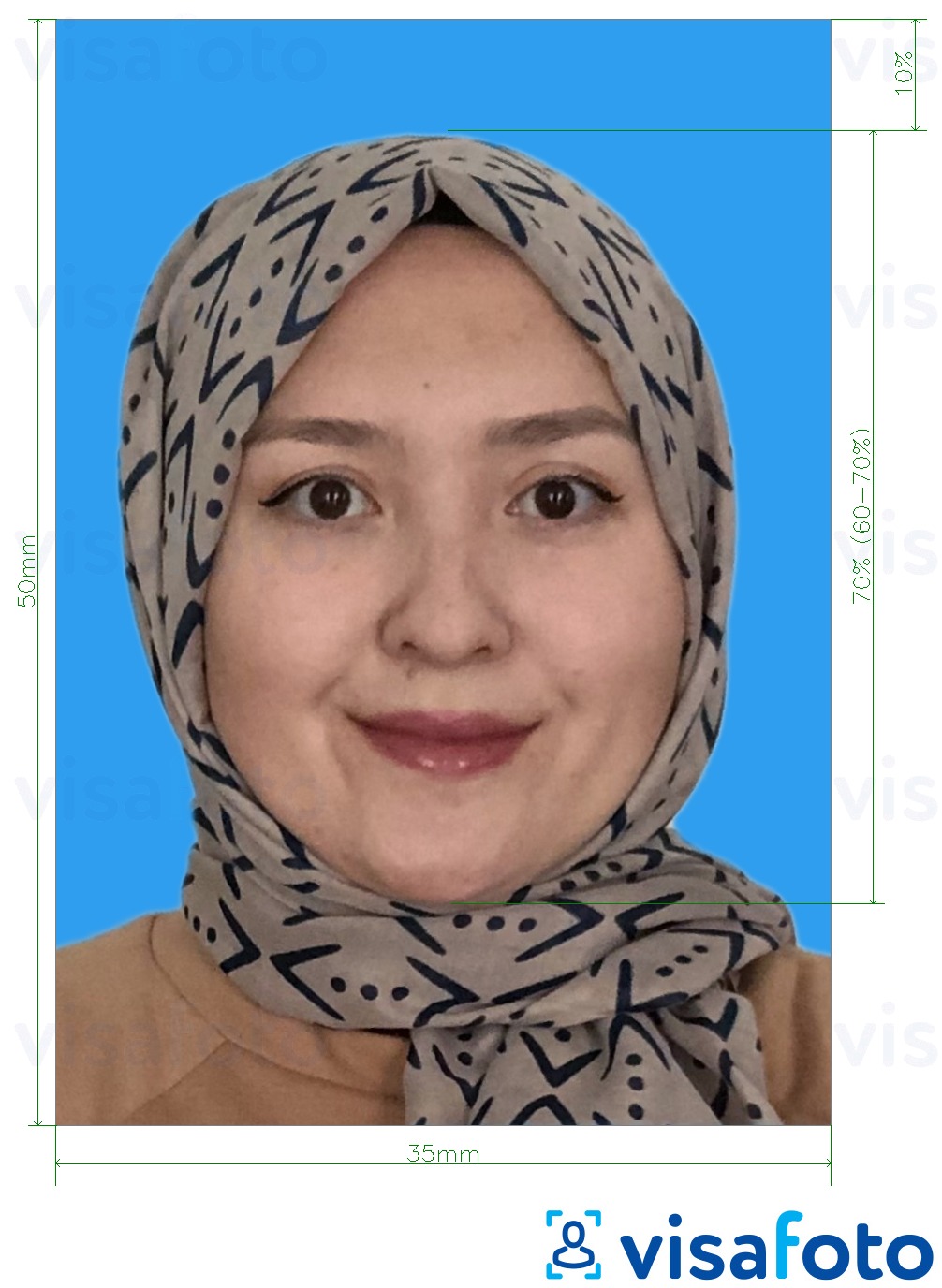 Ejemplo de foto para Visa de Malasia 35x50 mm fondo azul con la especificación del tamaño exacto