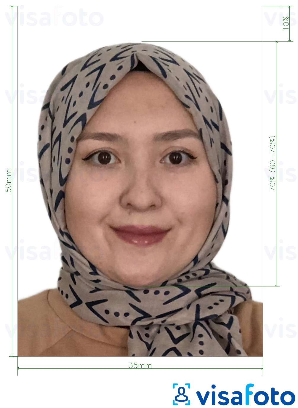 Ejemplo de foto para Visa de Malasia 35x50 mm fondo blanco con la especificación del tamaño exacto