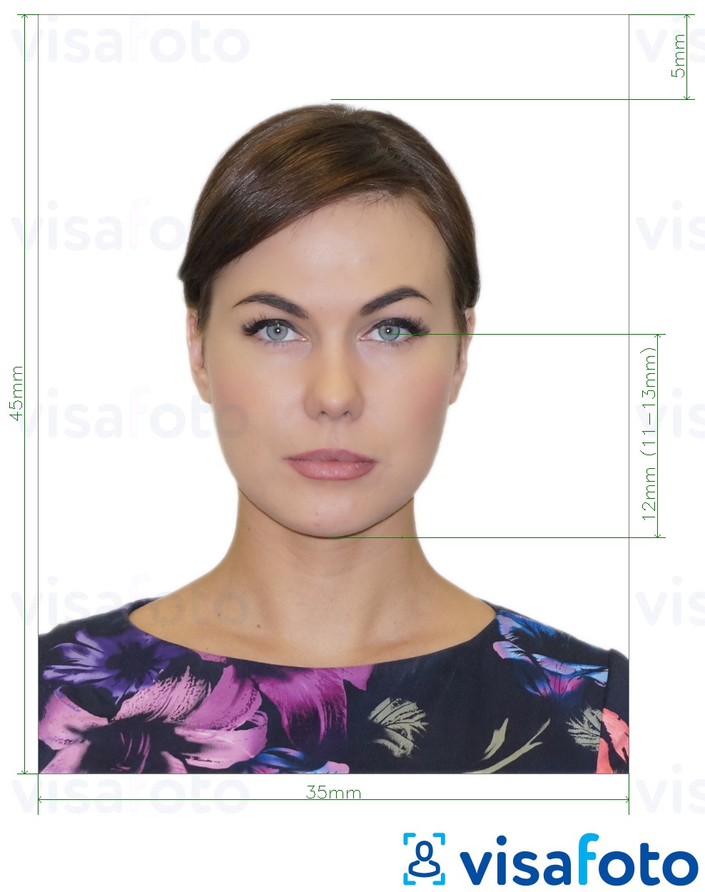 Ejemplo de foto para Pasaporte de Rusia (ojos hasta el fondo de la barbilla 12 mm), 35x45 mm con la especificación del tamaño exacto