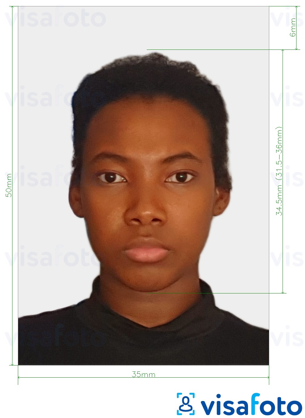 Ejemplo de foto para Pasaporte de Surinam 50x35 mm con la especificación del tamaño exacto
