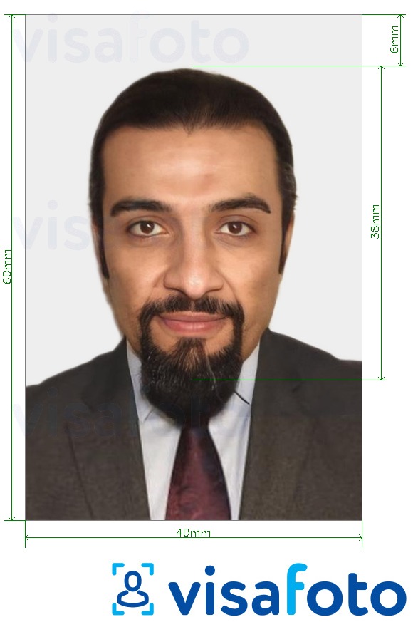 Ejemplo de foto para Visa siria de 40x60 mm (4x6 cm) con la especificación del tamaño exacto