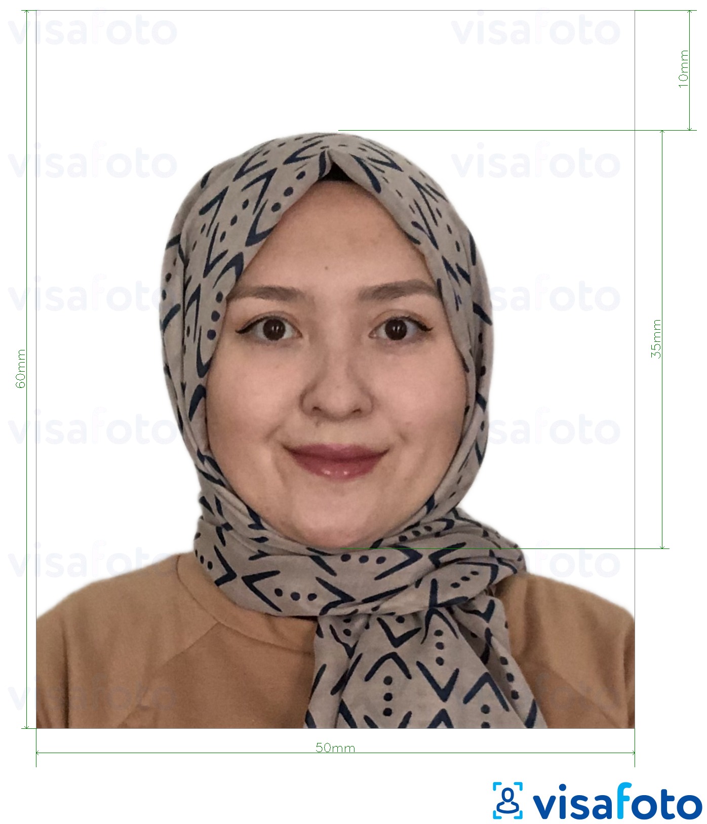 Ejemplo de foto para Visa de Turkmenistán 5x6 cm (50x60 mm) con la especificación del tamaño exacto