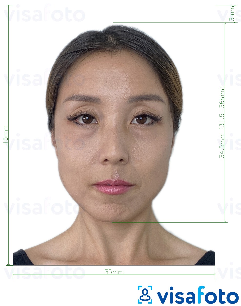 Ejemplo de foto para Taiwan Visa 35x45 mm (3.5x4.5 cm) con la especificación del tamaño exacto