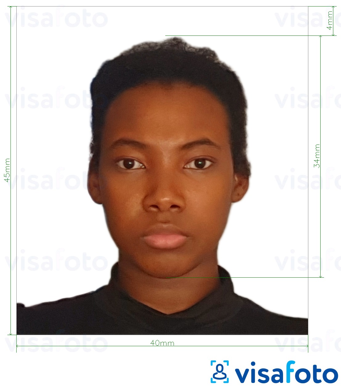 Ejemplo de foto para Pasaporte de Tanzania 40x45 mm (4x4.5 cm) con la especificación del tamaño exacto