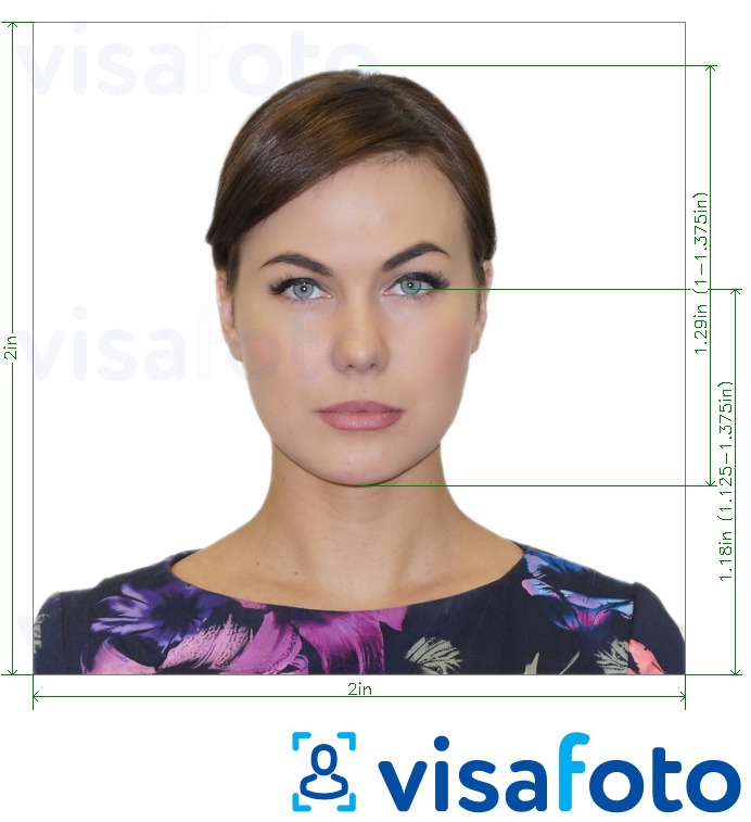 Ejemplo de foto para Tarjeta de pasaporte estadounidense de 2x2 pulgadas con la especificación del tamaño exacto
