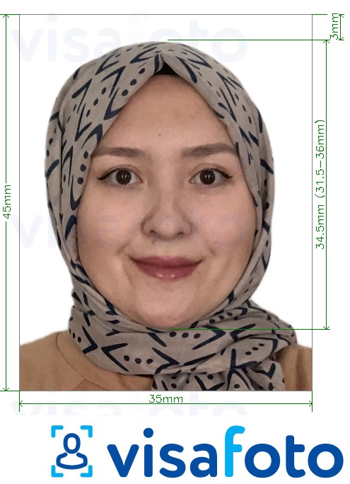 Ejemplo de foto para Uzbekistán visa 3.5x4.5 cm (35x45 mm) con la especificación del tamaño exacto