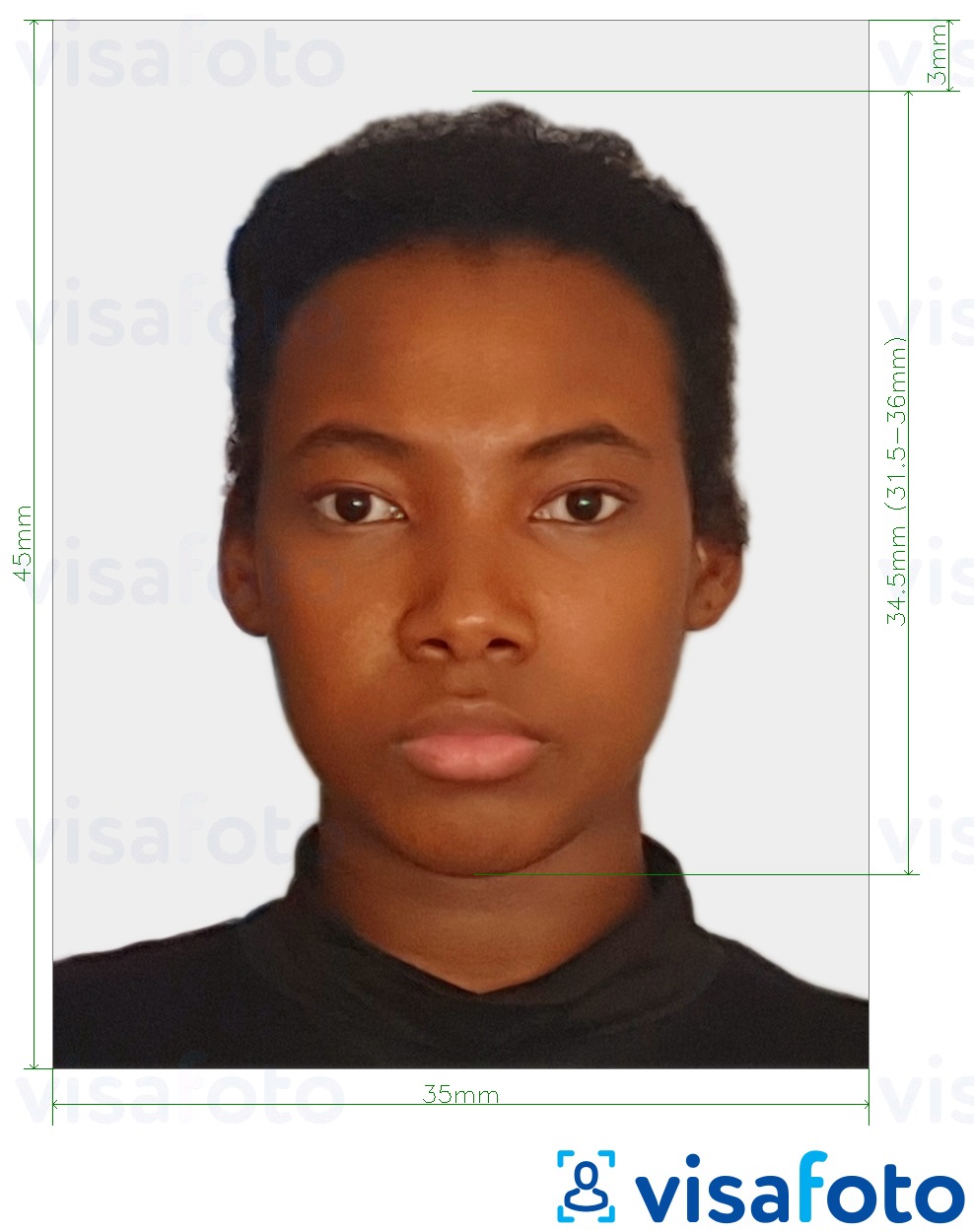 Ejemplo de foto para Pasaporte de Zimbabwe 3.5x4.5 cm (35x45 mm) con la especificación del tamaño exacto
