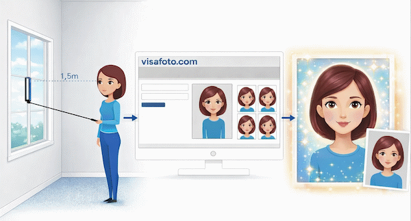 Tome una imagen con un smartphone o cámara contra un fondo claro, cárguela aquí y obtenga una foto apropiada para su visa, pasaporte o documento de identidad, o foto carnet.